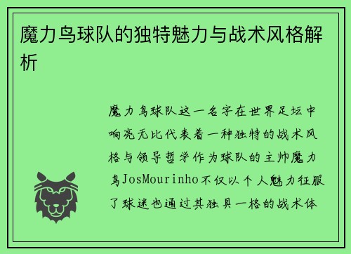 魔力鸟球队的独特魅力与战术风格解析 魔力鸟球队的独特魅力与战术风格解析